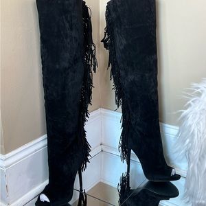 Viva Black Fringe Over the Knee Heel Boots